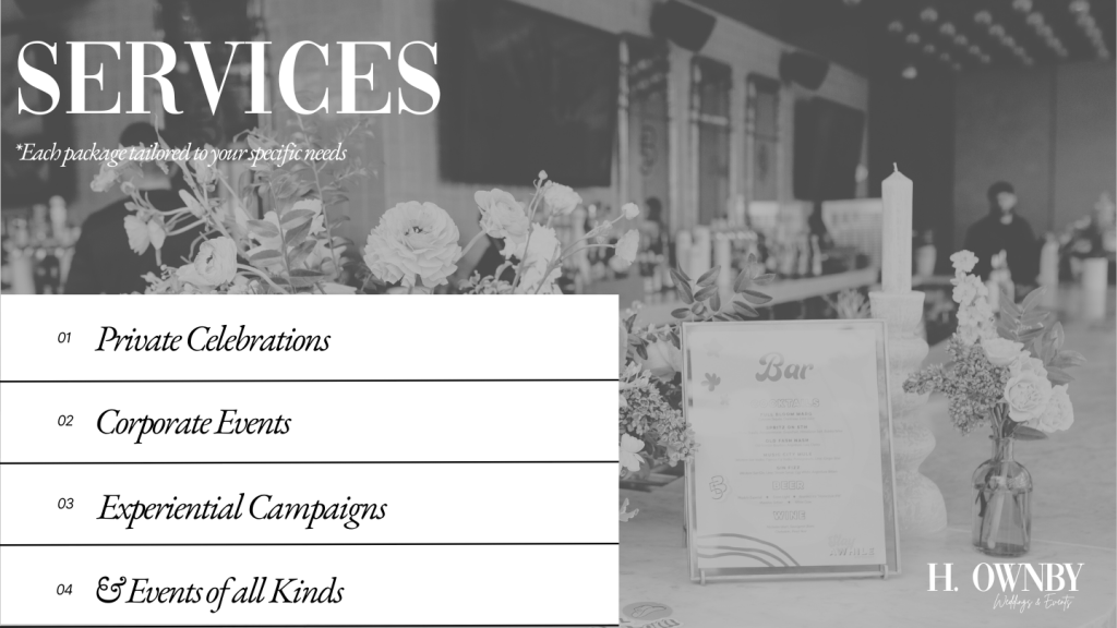 Includes:  
Event Concept Ideation & Design
Budget Management
All Planning & Coordination
Set-up, Day of Coordination, & Breakdown
*Each package tailored to your specific needs
